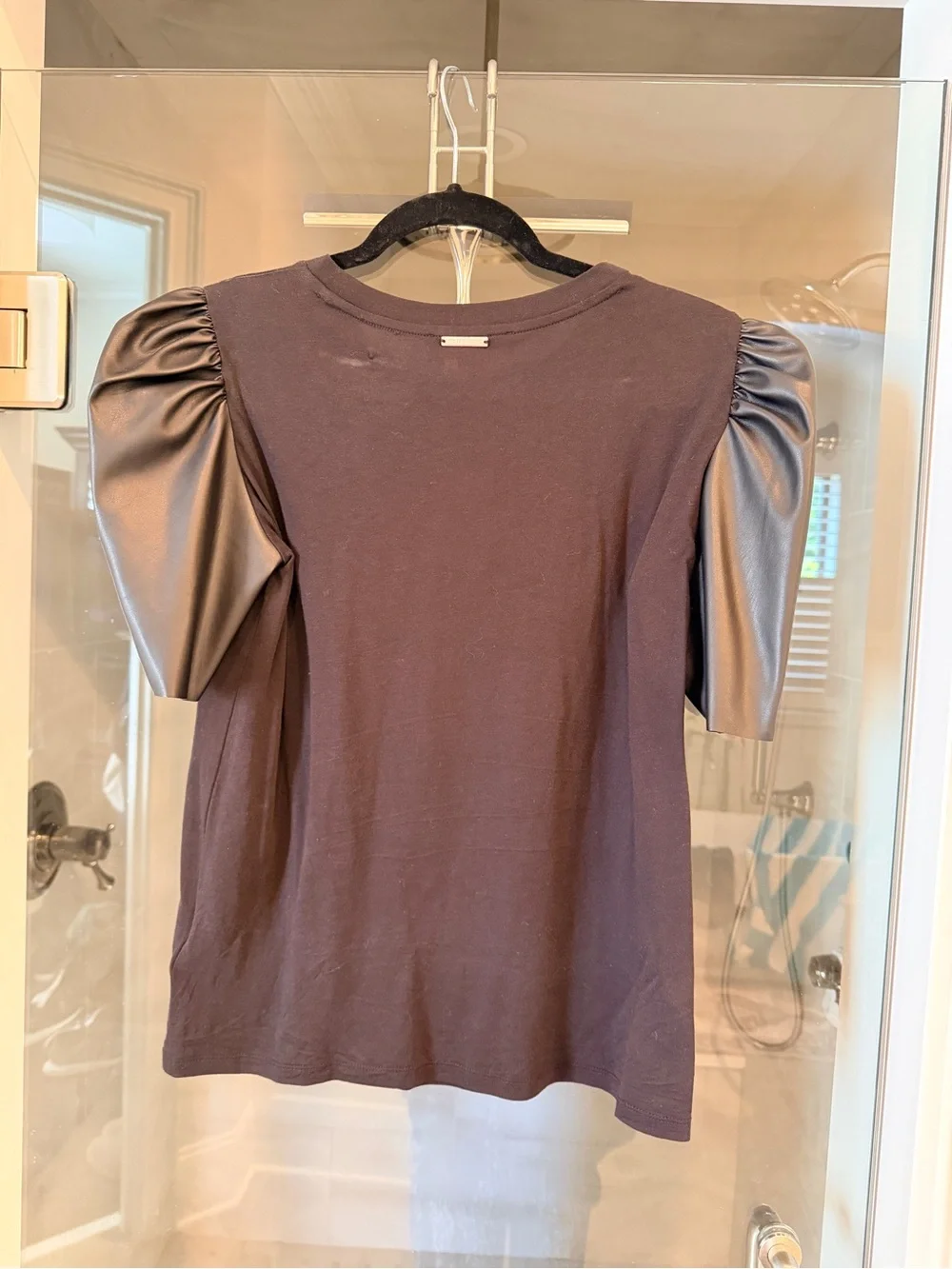 Michael Kors Black Puff-Sleeve Tee with Faux-Leather Sleeves